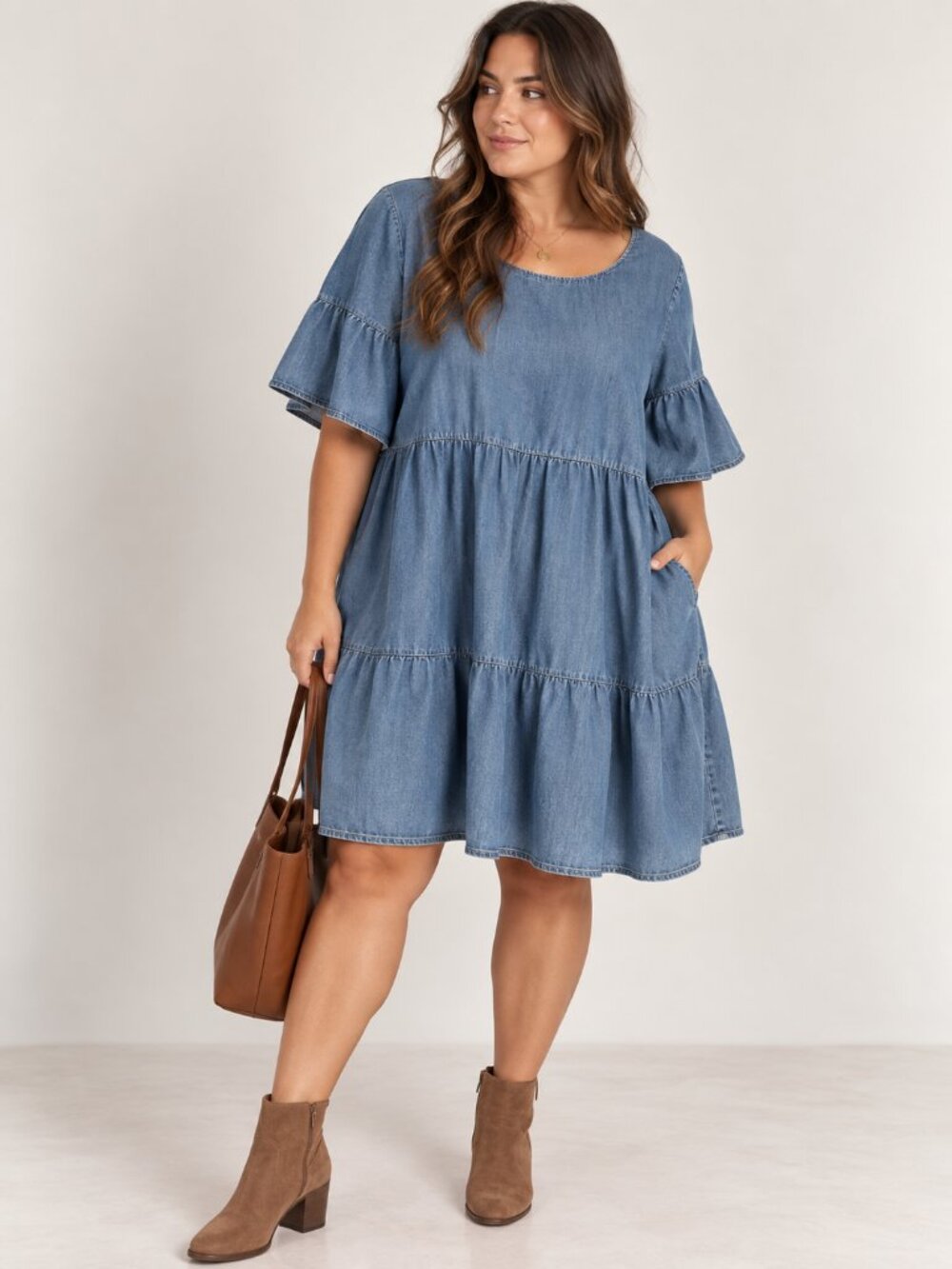 Junarose US 22 Blue Chambray Tiered Dress Plus Size Boho Coastal Cottagecore